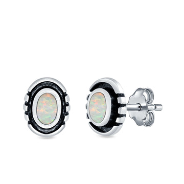 Oval Stud Earrings Lab Created White Opal 925 Sterling Silver (8.5mm)